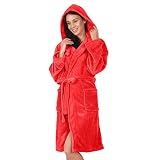  DecoKing Albornoz XS Corto Mujer Hombre Unisex Capucha Bata Microfibra Suave Agradable Ligero Fleece Rojo Robby