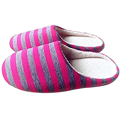 Preisvergleich Produktbild Mackur Damen Männer Winter Baumwolle Hausschuhe Flach Gestreiften Verdickung Baumwolle Rutschfeste Hausschuhe 1 Paar (Rose rot 40 / 41)