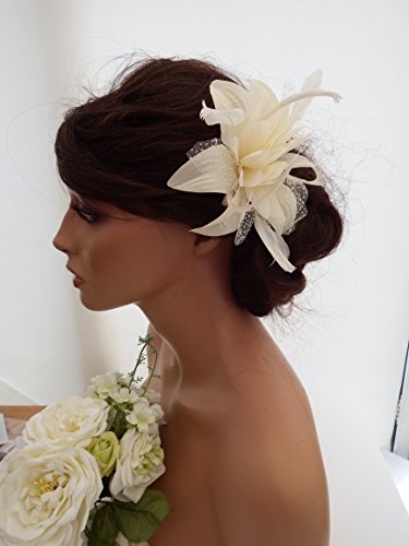 Feather and Flower Hair comb slide Fascinator with Glittery Spotty net Bridal Wedding Races Prom (Cream)