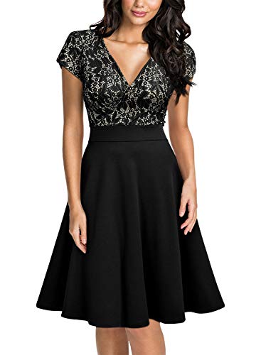 Miusol Femme Robe Vintage Rétro Cocktail Plissée Dentelle Col en V Manches Courtes Bleu L