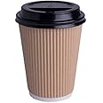 We Can Source It Ltd - 200 x 12oz Kraft Ripple Cups 3-PLY Disposable Insulated Paper Coffee Cups with Black SIP Through LIDS - Manufactured by WECANSOURCEITLTD®