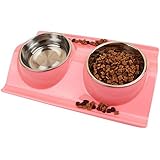 iTemer Rutschfest Edelstahlnapf Doppel Fressnapf Futterstation Fressnapf für Hunde Katzen Abnehmbarer Futternapf Wassernapf Edelstahl Schüssel Rosa 1 Stück