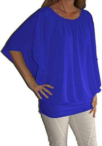 Wide Cut Chiffon blouse, Crew Neck Short Sleeve Blouse Top, Long Sleeves, Soft Lining blouse top, Universal Size: 36-46 Super Trim. -  blue - One size