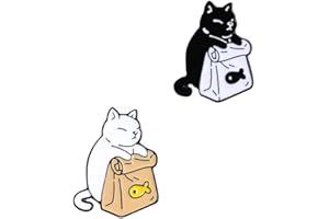 HUAQIGUO Feed Myself Emaille-Anstecknadeln, niedliche schwarz-weiße Katzen, getrocknete Fischtasche, Broschen, 2 Stück, Reversabzeichen, Cartoon-Tier-Schmuck, Geschenk für Kinder, Freunde, Rucksack, Zubehör