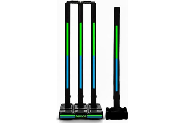 Bodyfit Heavy Duty Premium Cricket Stumps, Plastic Wickets Set with 4 Stumps, 2 Bails, 2 Stands, Full Size for Cricket Ground, Tournament,Black-GreenBlue.