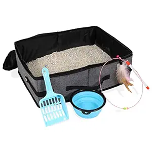 TODOKI Travel Cat Litter Box Gray - Portable Lightweight & Foldable for Car Travelling with Kitties and Cats - Complete Kit with Litter Scoop, Collapsible Water Bowl and Feather Toy