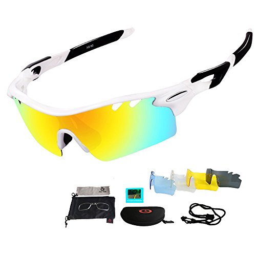 Unisex Radbrille Sportbrille Sonnenbrille, UV-Schutz, mit Wechselgläser inkl. Schwarze polarisierte Linse, für Outdooraktivitäten wie Radfahren Laufen Klettern usw. Schwarze und Rote zur Auswahl