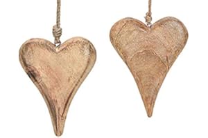 TEMPELWELT 2x Deko Anhänger Herz Herzchen je 10x15 cm, Mango Holz Natur Zum Hängen, Holzdeko Fensterschmuck Türschmuck Holzschmuck Massiv