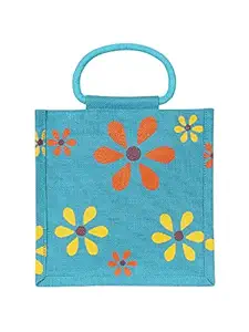 Jute Cottage Womens Flower Lunch Bag (Blue, 10 x 10 x 7 Inch)