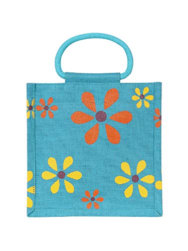 Jute Cottage Women's Flower Lunch Bag (Blue, 10 x 10 x 7 Inch)