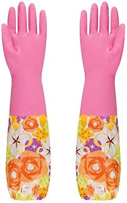 Winter Household Rubber Glove, Long Sleeves Dish Washing Latex Gloves Waterproof Cleaning Velvet Lined Warm Gloves For Home Kitchen Cleaning Gardening Use.[ pink ]