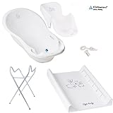 Tega – Bañera de lujo para bebé (86 cm) con tapón – 5 artículos – cubeta, asiento, tubo de desagüe, soporte, cambiador blanco Häschen - white Talla:5-Set Premium Ständer