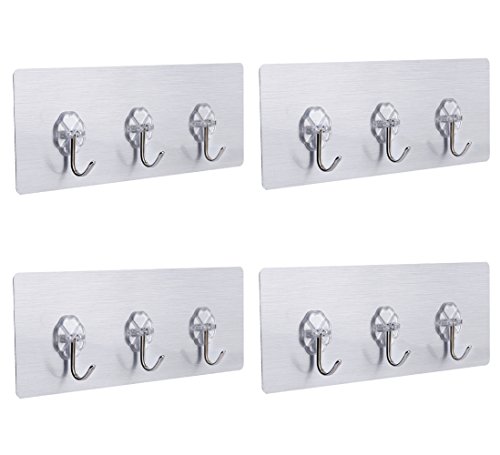 IPOW 12 Stück Haken Selbstklebend Wandhaken Handtuchhaken Kleiderhaken Wiederverwendbar Klebehaken für Küche, Badezimmer und Büro Ladegewicht bis 24kg 4 Pack mit je 3 Haken, Silber
