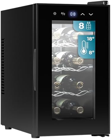 Cecotec Enoteca 8 Bottiglie Bolero Grandsommelier 830 Coolcrystal, Raffreddamento termoelettrico, Temperatura regolabile tra 8-18°C, Controllo tattile e display, LED interno, Gas non nocivo.