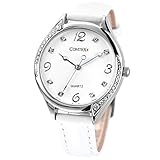 Comtex Damen Armbanduhr Analog Quarz mit weiß Leder Armband Wasserdicht SYM140128