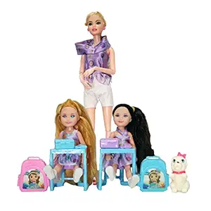 munchkin land teacher doll set with 2 nos student doll set, a pet dog, school benches, school table, bags and bottles - assorted- Multi color