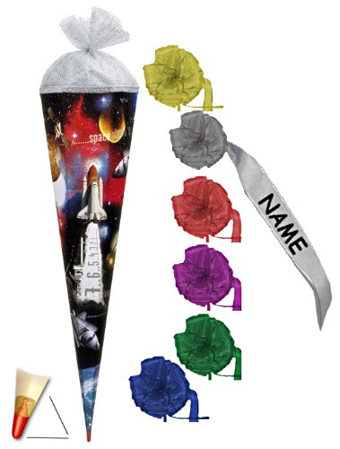 Preisvergleich Produktbild Unbekannt Schultüte - Space 22 cm - Incl. individueller Schleife - mit Tüllabschluß - Zuckertüte Roth Weltraum Raumschiff Rakete All Mond Raumfahrt