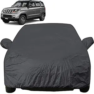 Autofact Car Body Cover with Mirror Pockets Compatible for Mahindra TUV 300 (Triple Stitched, Bottom Fully Elastic, Dark Grey)