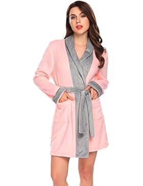 EKOUAER Damen Winter Warmer Bademantel Morgenmantel Mikrofaser Coral Fleece Saunamantel mit Gürtel und 2 Taschen