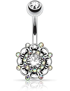 Paula & Fritz® Bauchnabelpiercing aus Edelstahl Chirurgenstahl 316L Vintage Wirbel mit Zirkonia farblos und Aurora