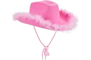 ESSECMBS Girls Kids Fluffy Feather Cowgirl Hats Little Boys Wide Brim Western Cowboy Hat Solid Color Jazz Hats for 3-15 Years