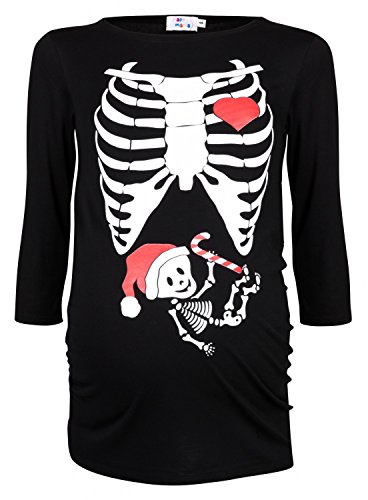 Happy Mama. Woman's Maternity Xmas Santa Baby Skeleton X-ray Top Shirt Tee. 883p (Black, UK 16/18)