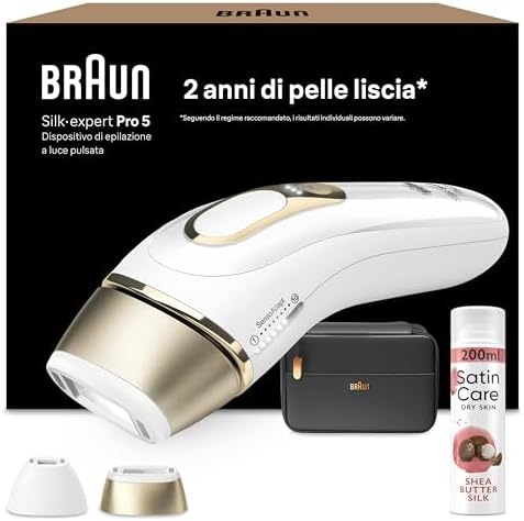 Braun Silk·expert Pro 5 Epilatore Luce Pulsata, Epilazione A Casa, Alternativa All’Epilazione Laser, Con Custodia, 2 Testine, Idea Regalo, Bianco/Oro, PL5140 e Satin Care Gel Per Depilazione Karite