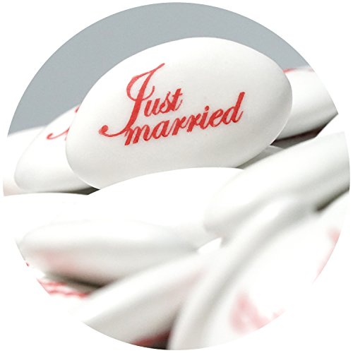 250g Schokodragees Hochzeit EinsSein® bedruckte Dragees Just Married weiss-rot Dragees Schokolinsen Mandeln bedruckt Hochzeitsmandeln bedrucken mit Namen Zuckermandeln Schokomandeln Candy Bar Bonbons - 3