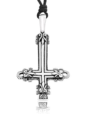 Llords Schmuck Punk Gothic Halskette mit antikem umgedrehten Kreuz Anhänger, feinster Zinn Metall Modeschmuck