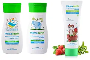 Mamaearth 100% Natural Berry Blast Kids Toothpaste 50 Gm,Fluoride & Sls Free,No Artificial Fla And Pack Of 2,Gentle Cleansing Baby Shampoo -200Ml With Mamaearth Deeply Nourishing Baby Wash-200Ml