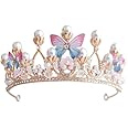 Girls Tiara Butterfly Princess Crown Gold Pearl Headband Rhinestone Hairpiece for Wedding Bridal Prom Birthday Party Cosplay