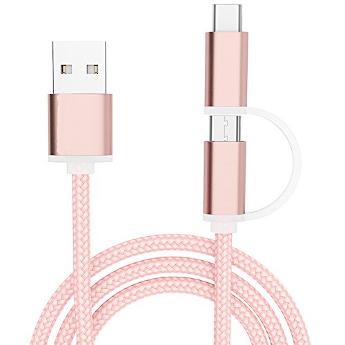 2 in 1 Nylon Ladekabel, JUYUAN-EU 1m kabel Nylon umflochtenes Micro auf Type C USB Ladegerät für Samsung S5 S6 S7 Und the new MacBook, ChromeBook Pixel, Nexus 5X, Nexus 6P, Nokia N1 Tablet, OnePlus 2 und andere USB-C-Geräte Rosa - 2