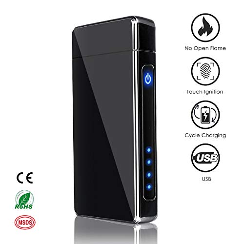 NASUM Mechero Electrico, Encendedor Electrico de Doble Arco sin Llama - Mechero Recargable y Resistente al Viento (Acampada) con Cable USB, Mechero de Plasma sin Gas Negro