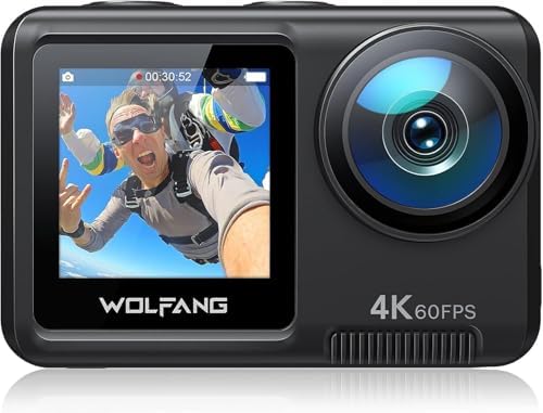 WOLFANG Dual Color Screen Action Cam 4K 60FPS 24MP GA420 WiFi Fotocamera, 10M Corpo/40M Custodia Impermeabile Subacquea Videocamera Casco con Telecomando, Dual Mic, Batterie 2x1350mAh