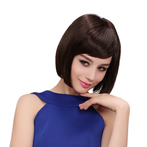 Bigood Smooth Sweet Bob hairstyle Inclined bang Dark Buckle brown Wig 32cm