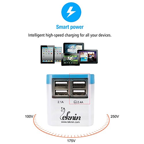 Universal Reiseadapter Reisestecker mit 4 USB-Ports – Leknin All in One Internationaler Reiseadapter für Weltweit Steckdosen US UK EU AU Alles dabei, Wechselspannung & Überspannungsschutz, 2 USB-Ports für schnelles Aufladen (Blau) - 5