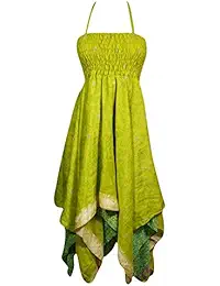 Indiatrendzs Women Sundresses Recycled Sari Handkerchief Hem Printed Halter Neck Uneven Holiday Summer Fashion Dress S/M (Green)