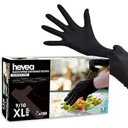 Hevea - Gants en nitrile jetables. Sans talc et sans latex. Lot de 5 boîtes de 100 gants chacune. Taille : XL (Très grande). Couleur : noir