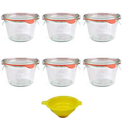 Viva Haushaltswaren - 6 x kleines Weckglas/Einmachglas 250 ml mit Deckel in Sturzform, leeres Rundrandglas zum Einkochen - als Marmeladenglas, Dessertglas (inkl. Klammern, Ringen & Trichter)