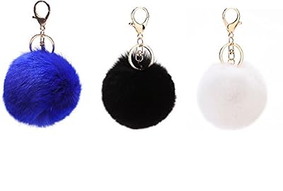 NOVAGO Lot de 3 Pompons Porte Clé Bijou de sac à main en véritable poil de lapin, toucher doux garanti (Blanc, Noir, Bleu foncé)