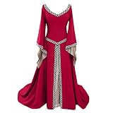 iHENGH Damen Frühling Sommer Rock Bequem Lässig Mode Kleider Frauen Röcke Langarm V-Ausschnitt Mittelalterlich Kleid Bodenlang Cosplay Kleid(Rot, S)