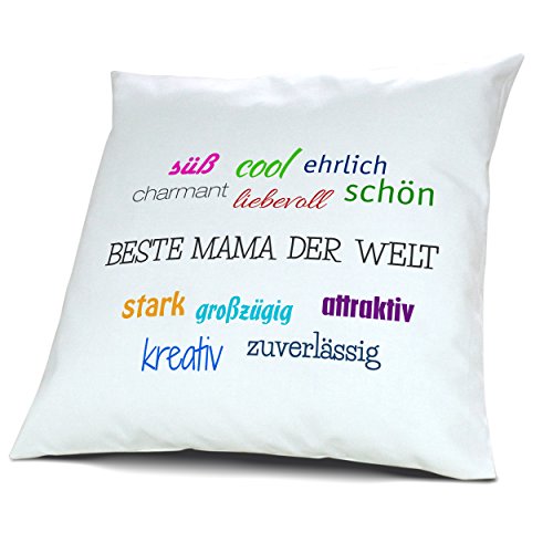 Kopfkissen mit dem Namen Beste Mama der Welt, Kissen mit Füllung - Positive Eigenschaften, 40 cm, 100% Baumwolle, Kuschelkissen, Liebeskissen, Namenskissen, Geschenkidee