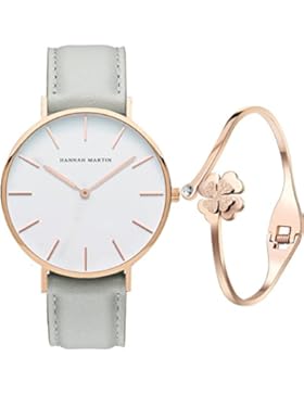 XLORDX Classic Damen Armbanduhr Analog Quarz Grau Leder Armband, Weiß Zifferblatt mit Elegant Rosegold Armband