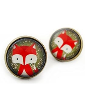Miss Lovie Damen Mädchen Ohrstecker Fuchs Ohrringe Cabochon 12mm Modeschmuck Waldmotiv Grün Rot