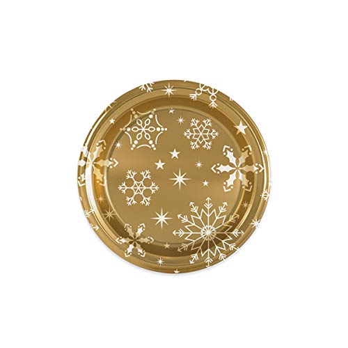 Platos de plástico desechable con diseño de copos de nieve y estrellas ideal para las cenas de lujo de navidad, fiesta de fin de año o fiestas elegantes - Dorado - 18 cm - 6 unidades