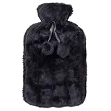 Hot Water Bottle With Removable Black Faux Fur Cover