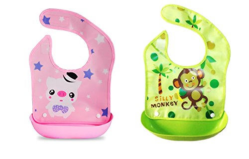 Fontee Baby Lot de 2 Bébé Impermeable Bavoir Bavette Avec une Aliments poche amovible Rose/Vert