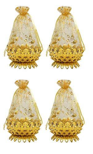 AASA Decorative Net Potli Baskets Gift Basket for Packing Shagun Potli Bags for Return Gifts Pack of 1 (Golden, Set of 4Pcs)