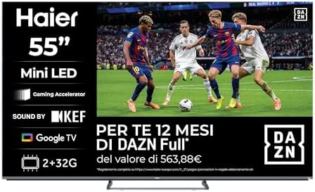 Haier QD MiniLED 4K UHD H55M80FUX - 55", Smart TV, Google TV, Dolby Atmos y Dolby Vision, HDR 10, Google Assistant, Procesador Quad Core, Bluetooth 5.2, DBX TV, HDMI 2.1 x 4, 2+32 GB, Sin Marcos, 2025