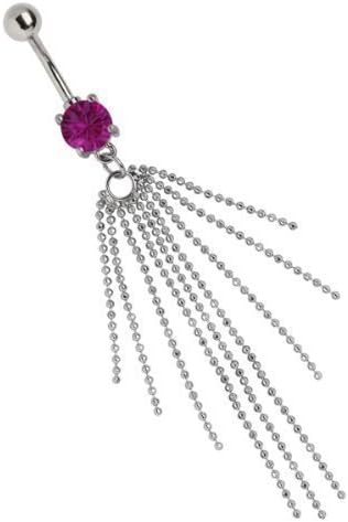 Banana Belly Bar 1.6 mm X 10 mm Pink Stone in Titan with Open and 9 Ball Chains